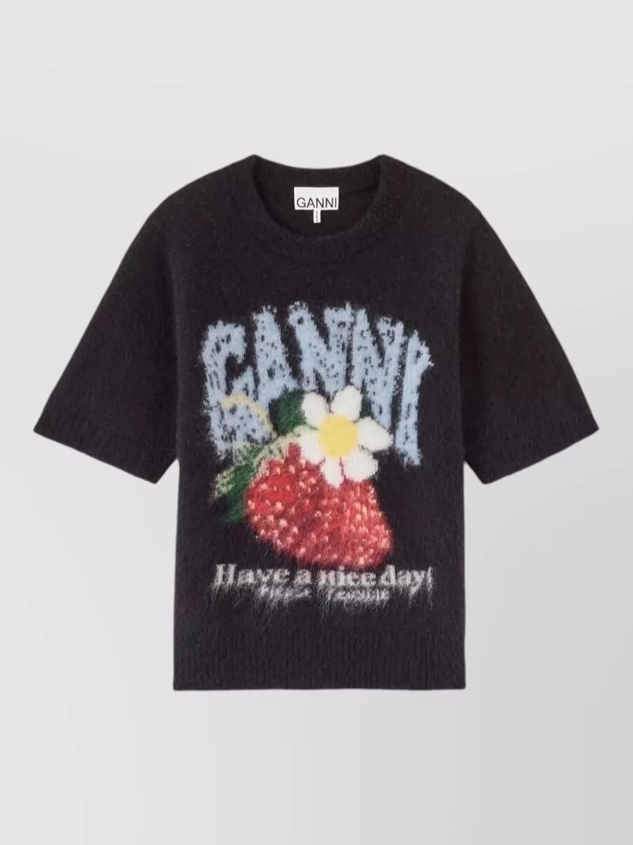 Ganni alpaca wool-blend ribbed short-sleeve strawberry intarsia sweater