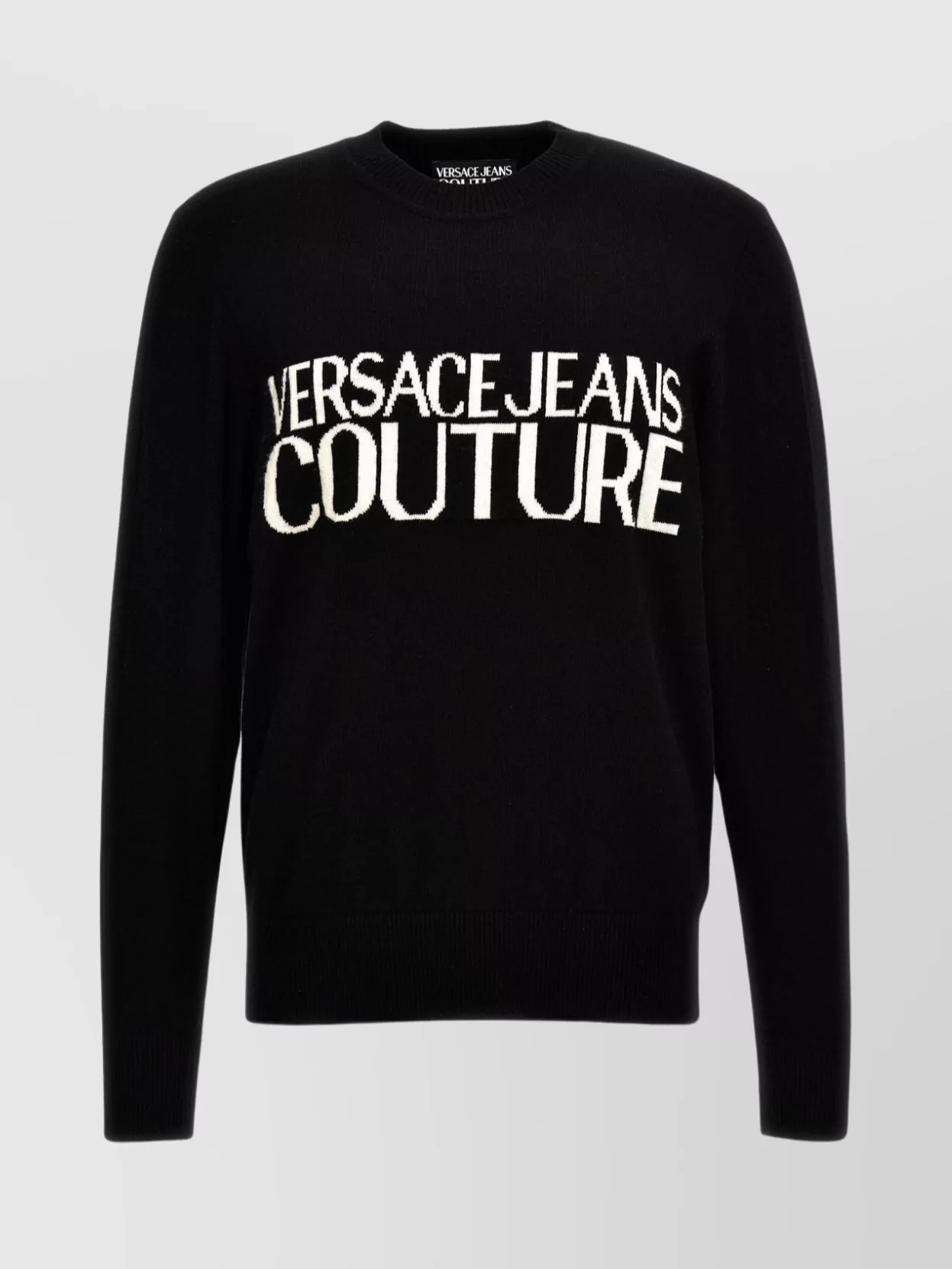 Versace Jeans Couture Logo Intarsia Crew Neck Sweater With Ribbed Cuffs And Hem In Black