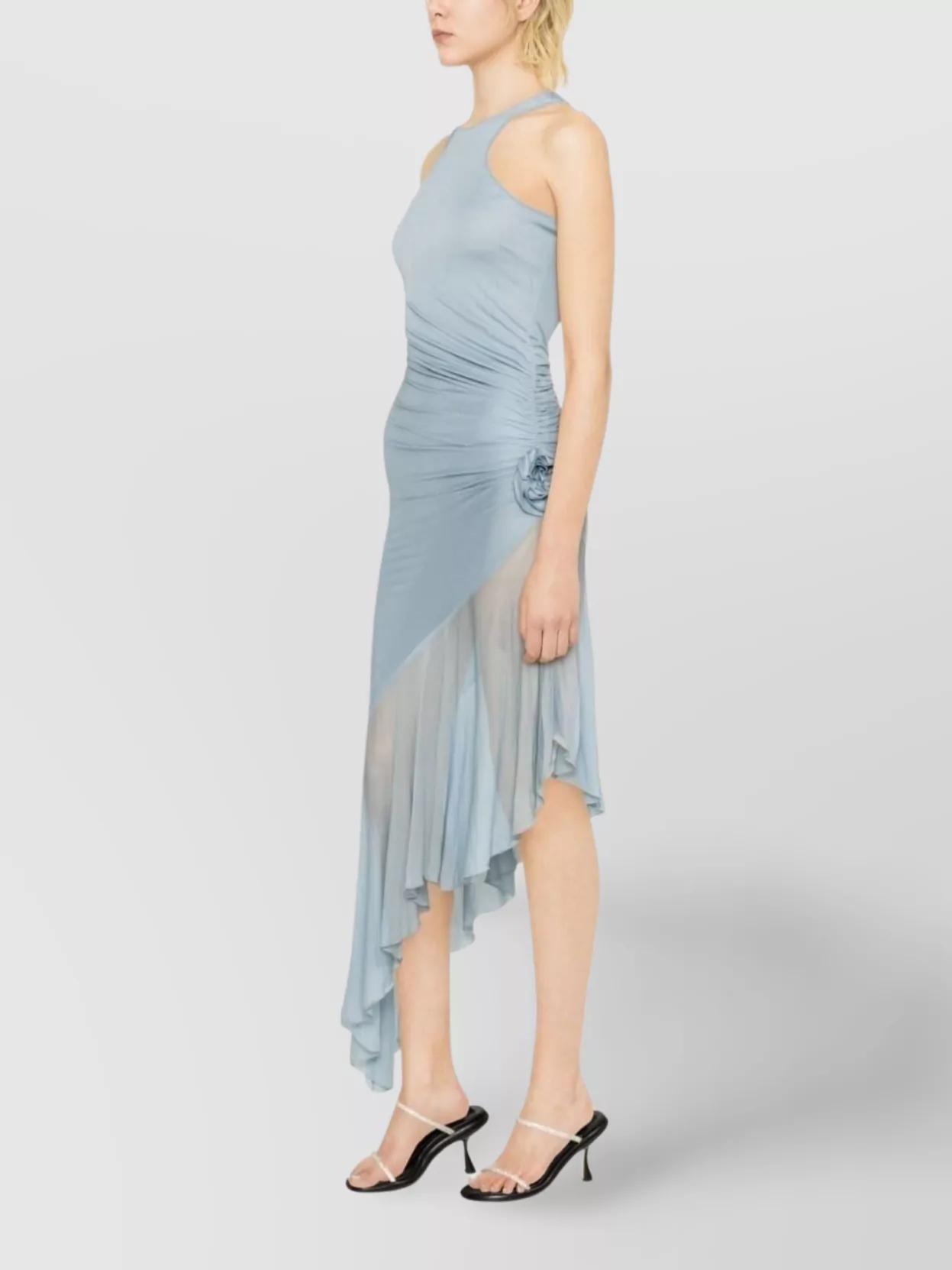 Blumarine Jersey Dress With Asymmetric Ruffle And Floral Embellishment