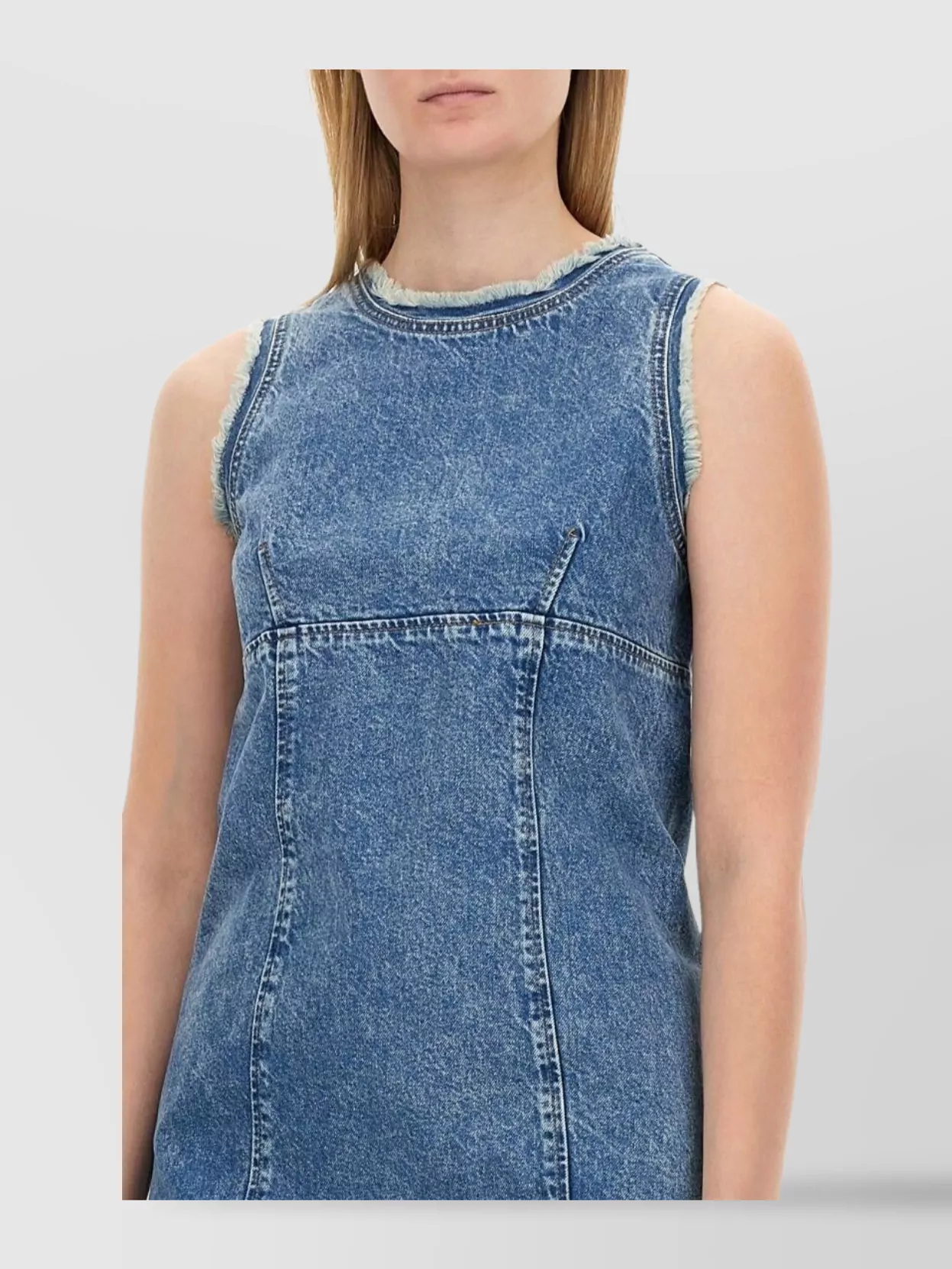 Moschino Sleeveless Fitted Denim Dress With Frayed Hem