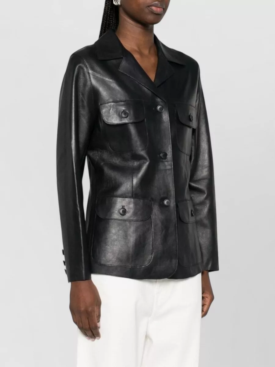 Parosh Leather Jacket Long Sleeves Notched Lapels