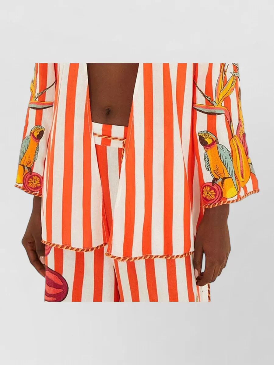 Farm Rio Striped Linen V-Neck Beach Cover-Up Blouse
