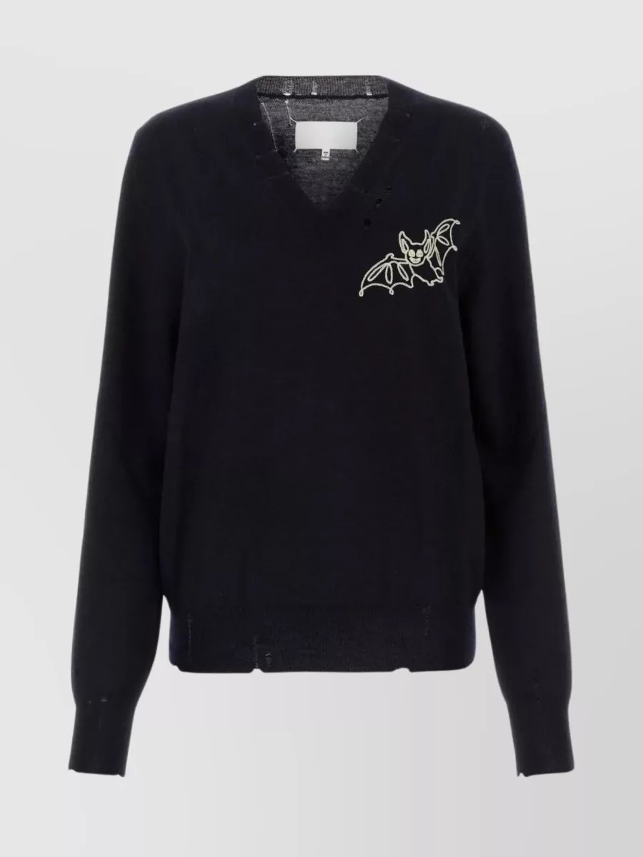 MAISON MARGIELA ICONIC EMBROIDERY DISTRESSED WOOL SWEATER