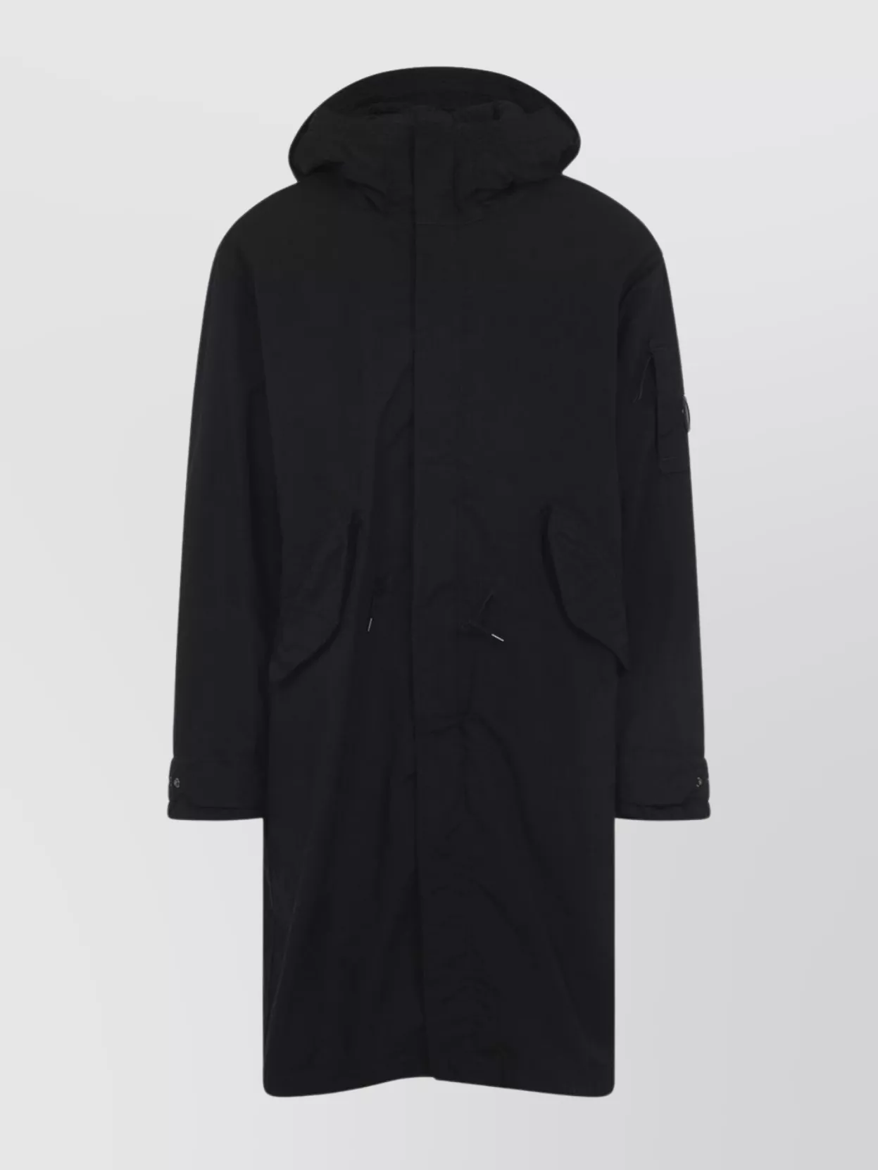 C.p. Company Long Jacket With Adjustable Cuffs And Hood In Black