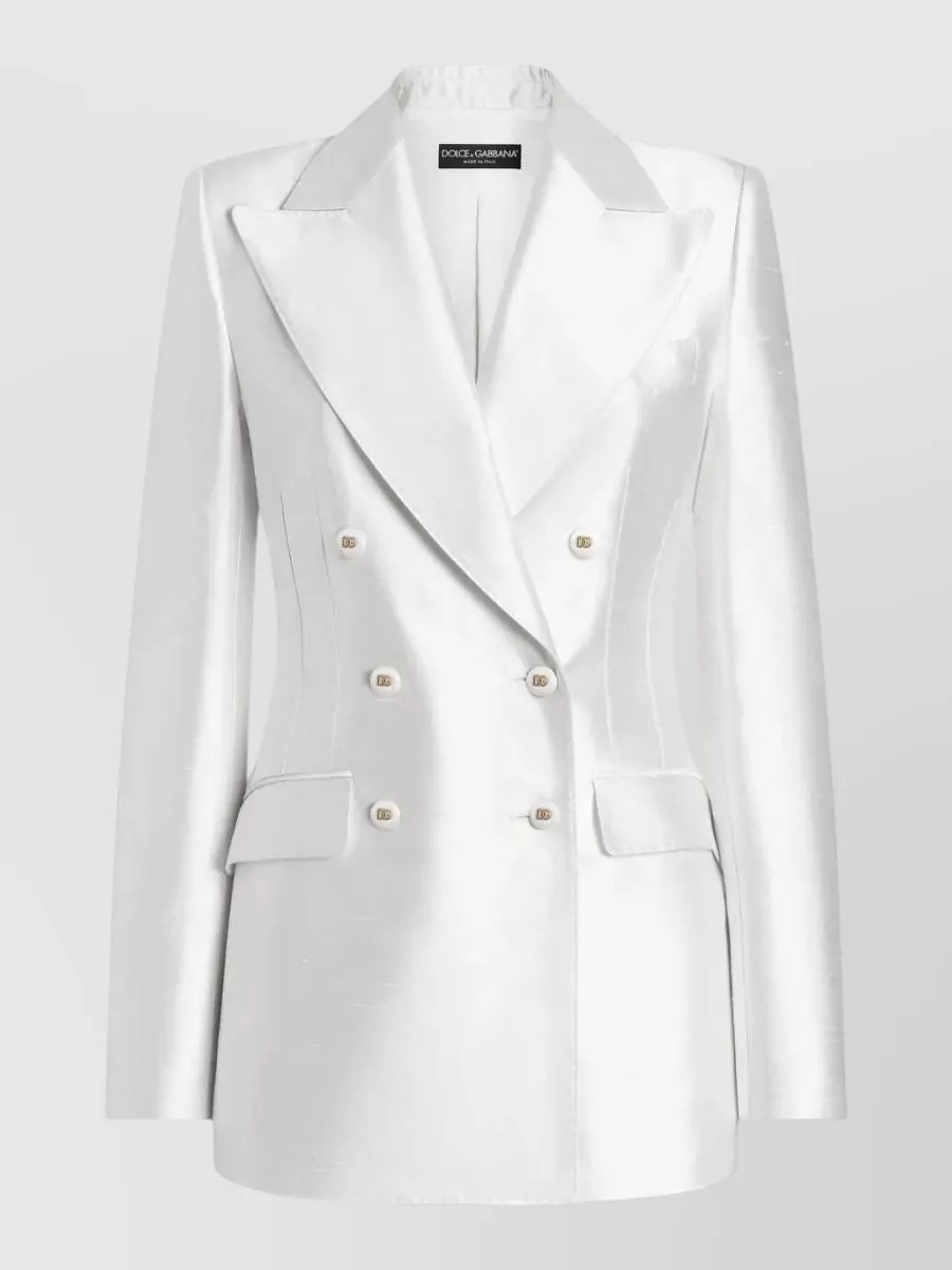 Dolce & Gabbana Stretch Silk Blazer Peak Lapels Structured Shoulders In Silver