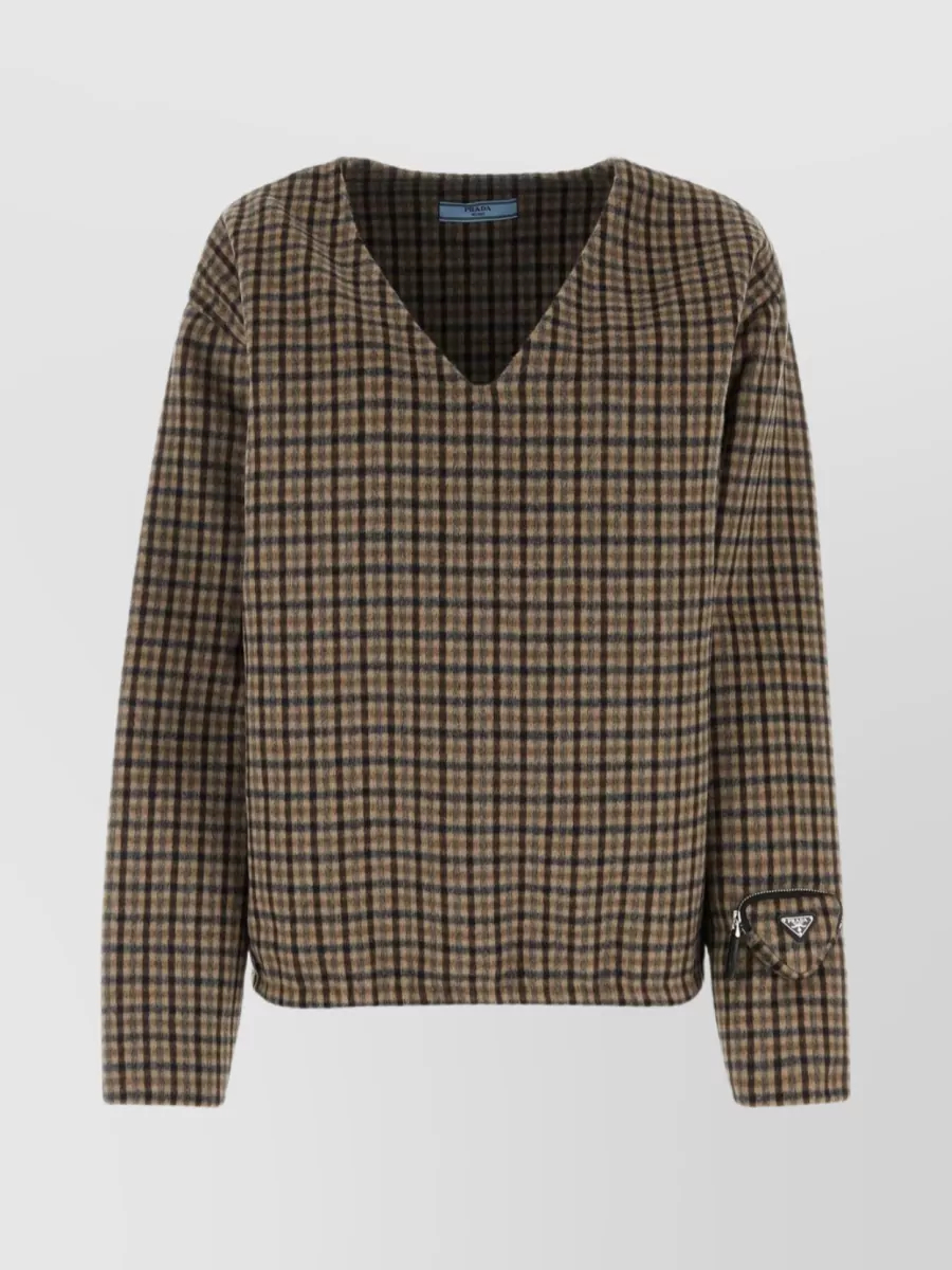 Shop Prada Check Print Sweater With Logoed Sleeve Pouch In Brown