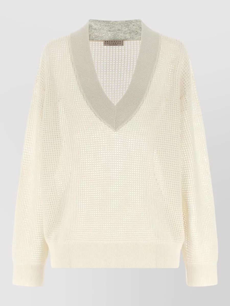 Brunello Cucinelli cashmere ribbed v-neck mesh jumper