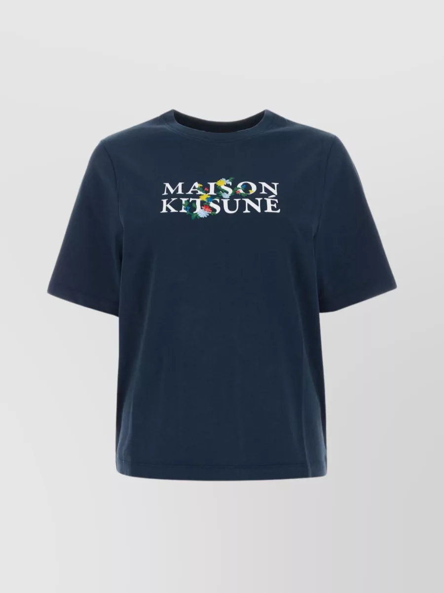 Shop Maison Kitsuné Embroidered Crew-neck Cotton T-shirt In Cyan