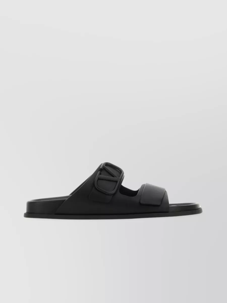 Shop Valentino Calf Leather Vlogo Buckle Slippers In Black