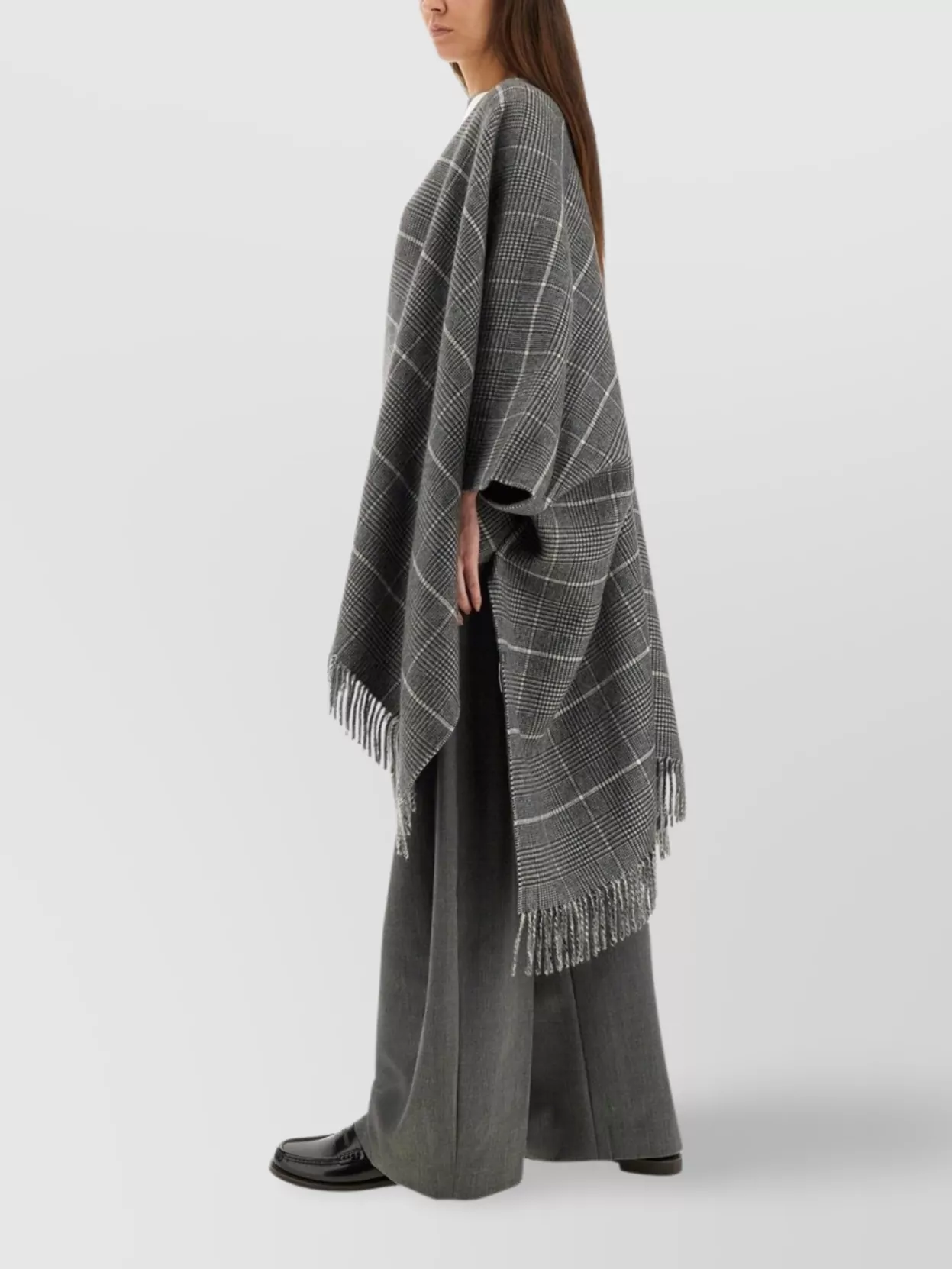 Brunello Cucinelli Draped Poncho With Fringe And Plaid