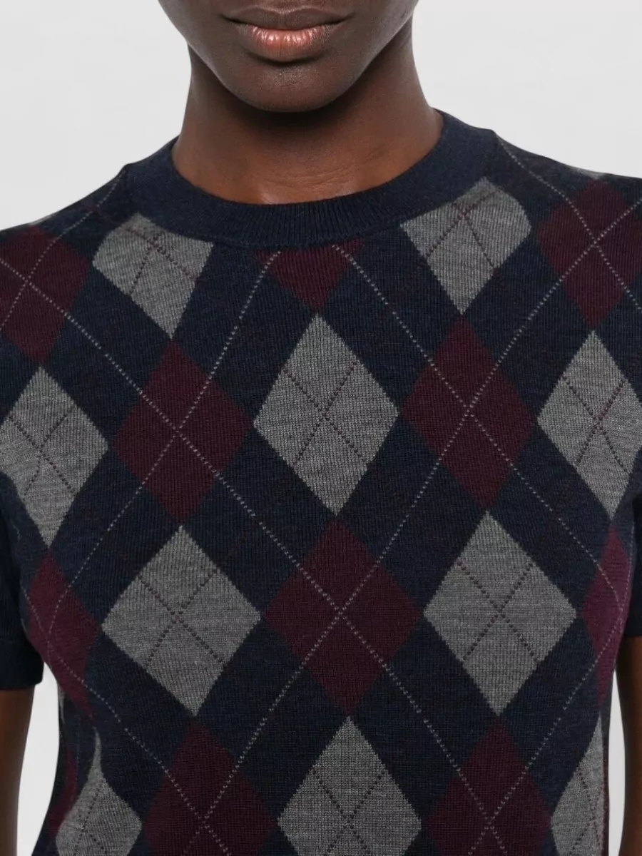 Tory Burch Wool Argyle Short-Sleeve Crewneck Sweater
