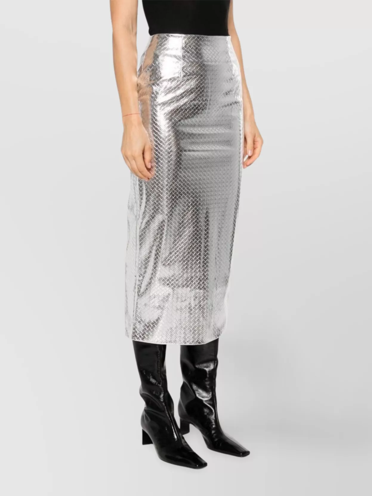 Rotate Birger Christensen Metallic Midi Pencil Skirt With Rear Single Slit And Embossed Design
