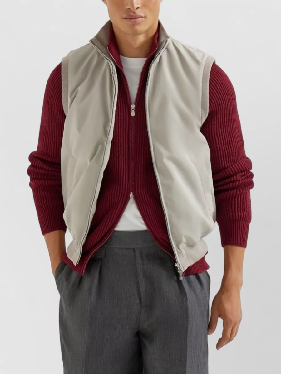 Brunello Cucinelli High-Neck Sleeveless Quilted Vest Pockets