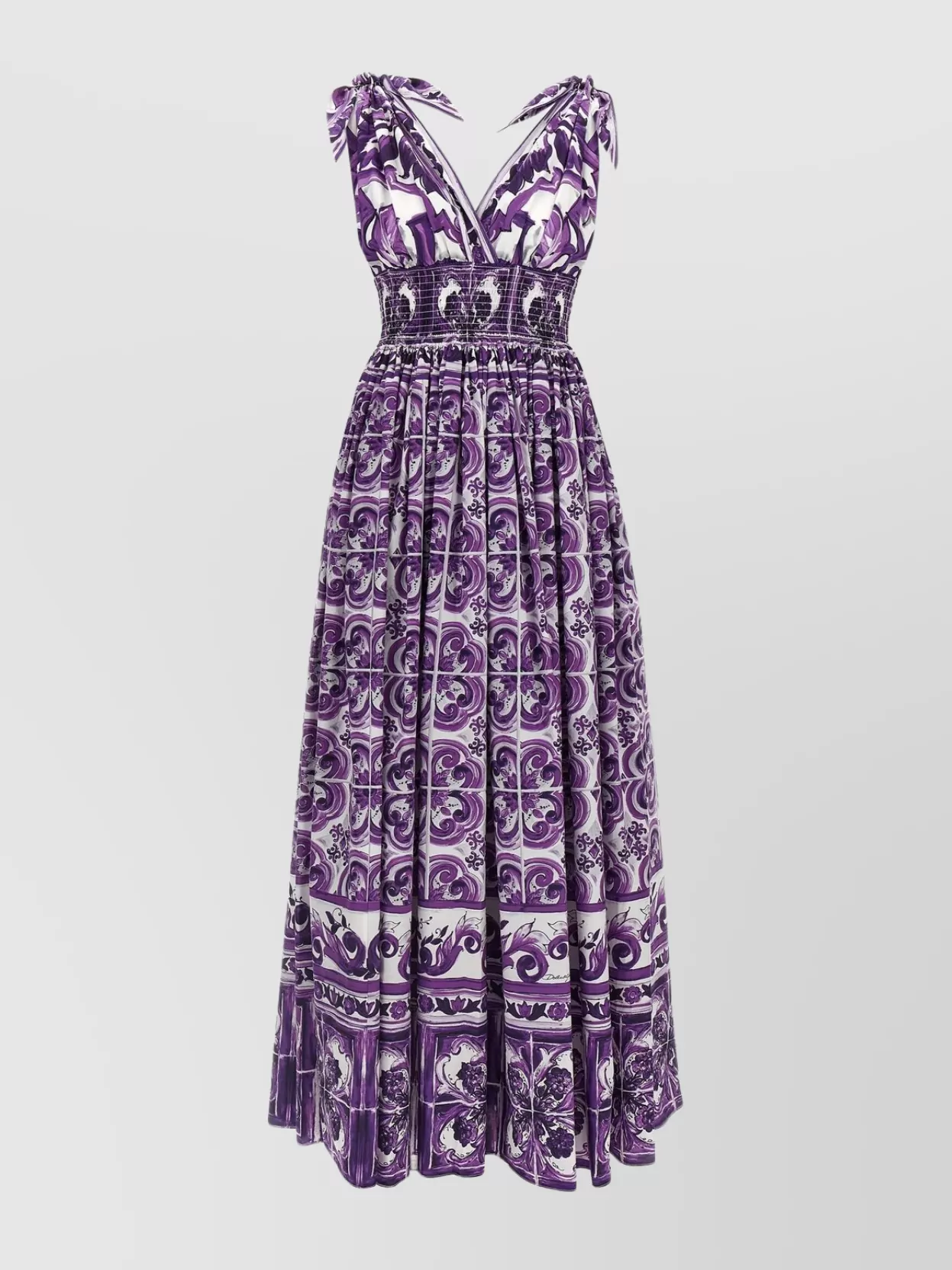 Dolce & Gabbana Smocked V-neck Maxi Dress With Tie Straps In Multi