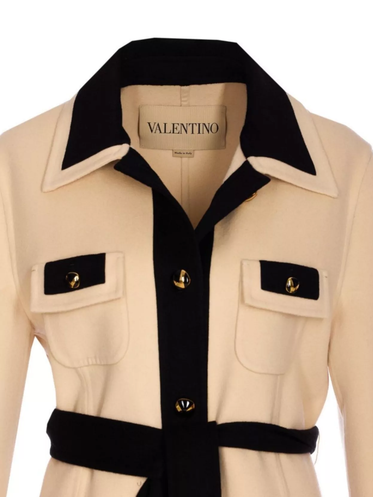 Valentino Belted Collar Coat With Contrasting Profiles And Pockets In Neutral