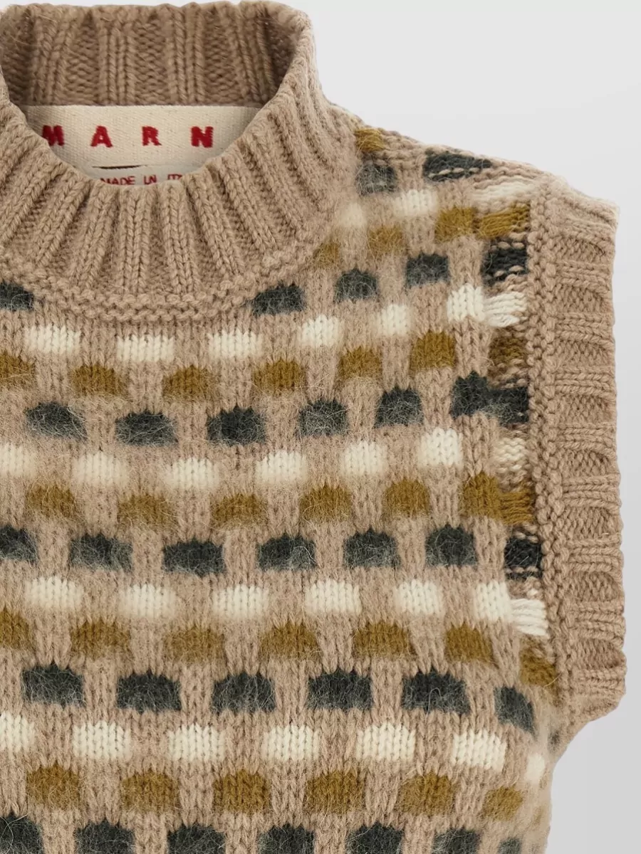 Marni Cashmere Wool Ribbed High Neck Sleeveless Jacquard Knit Vest