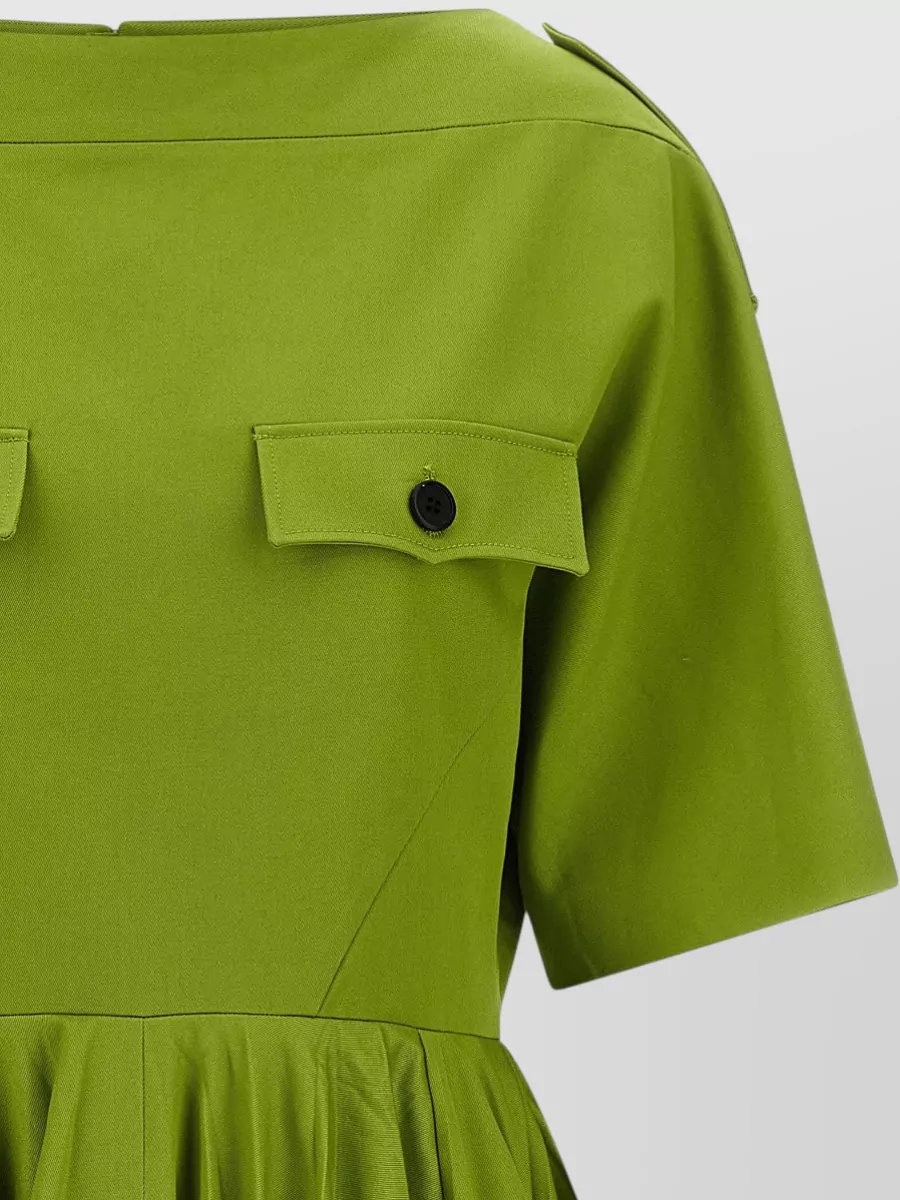Prada Cotton Chino Boat Neck Short Sleeve Pleated Midi Dress