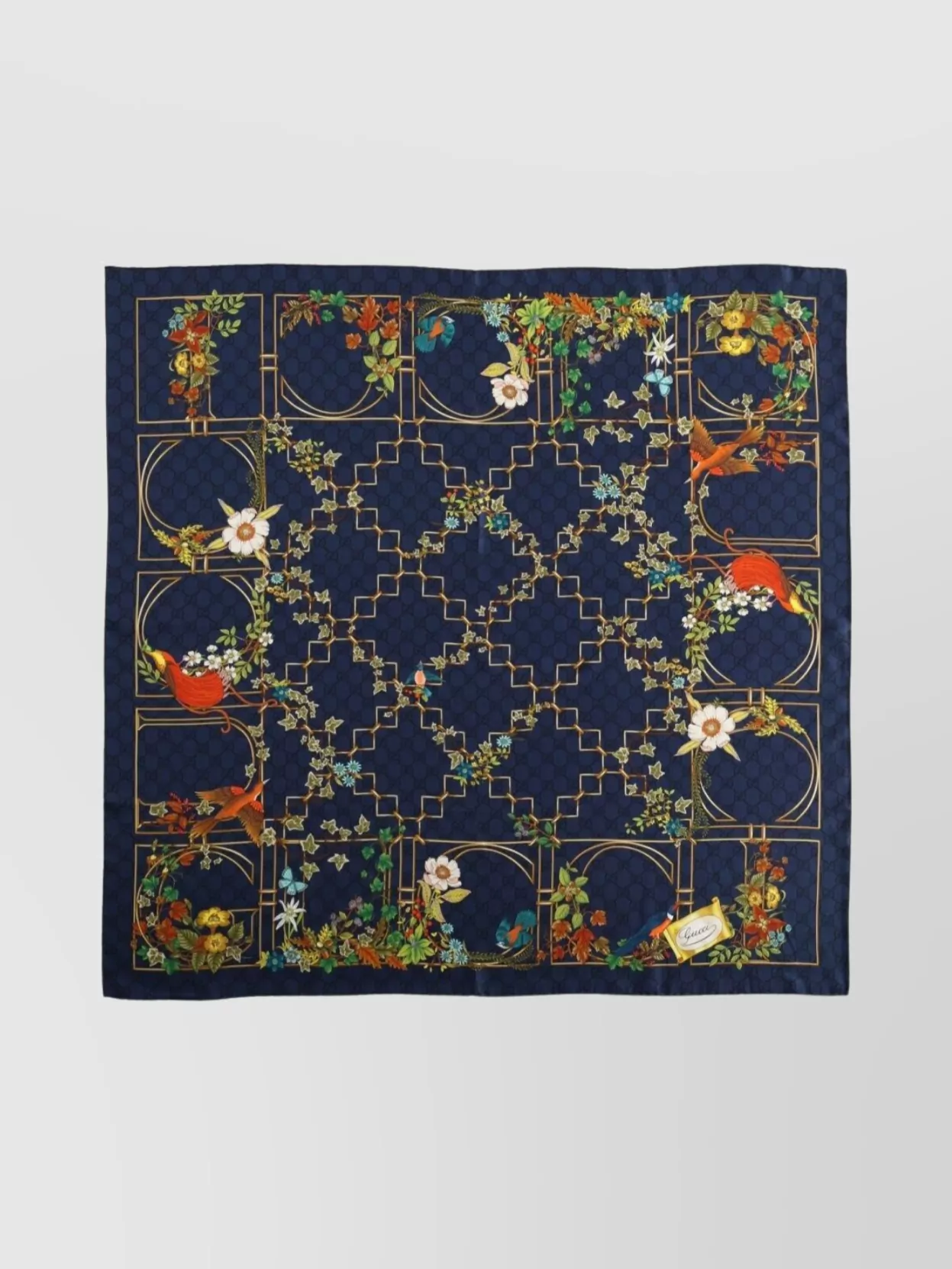 Gucci Multicolor Floral And Geometric Silk Scarf In Blue
