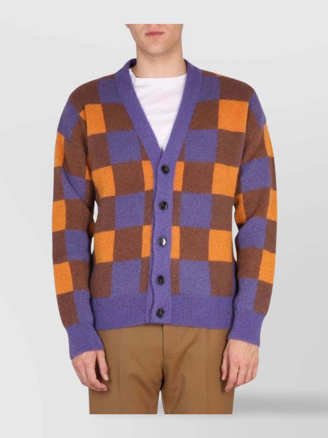 Drôle De Monsieur Check Pattern V-Neck Cardigan With Ribbed Cuffs And Hem