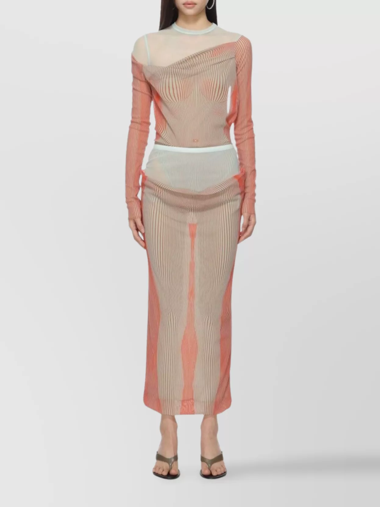 Jean Paul Gaultier Striped Sheer Off-The-Shoulder Long Sleeve Bodysuit