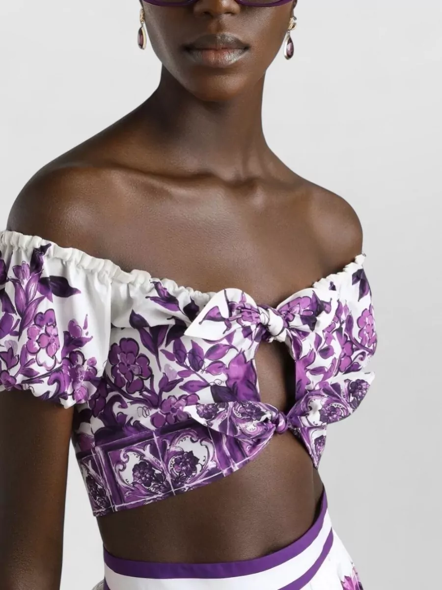 Dolce&Gabbana Majolica Off Shoulder Cropped Top Knot Detail