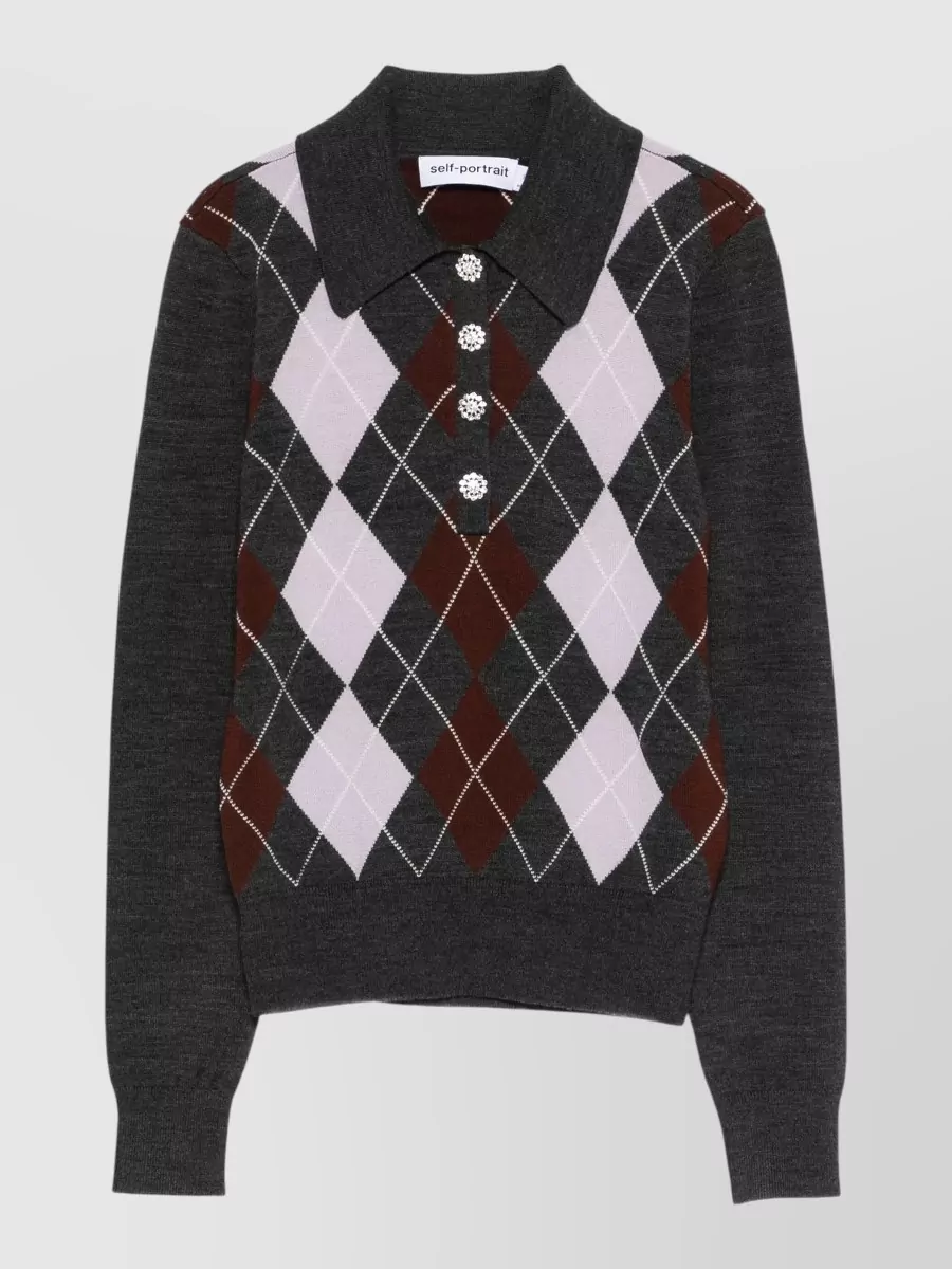 Self-Portrait Wool argyle long-sleeve polo top