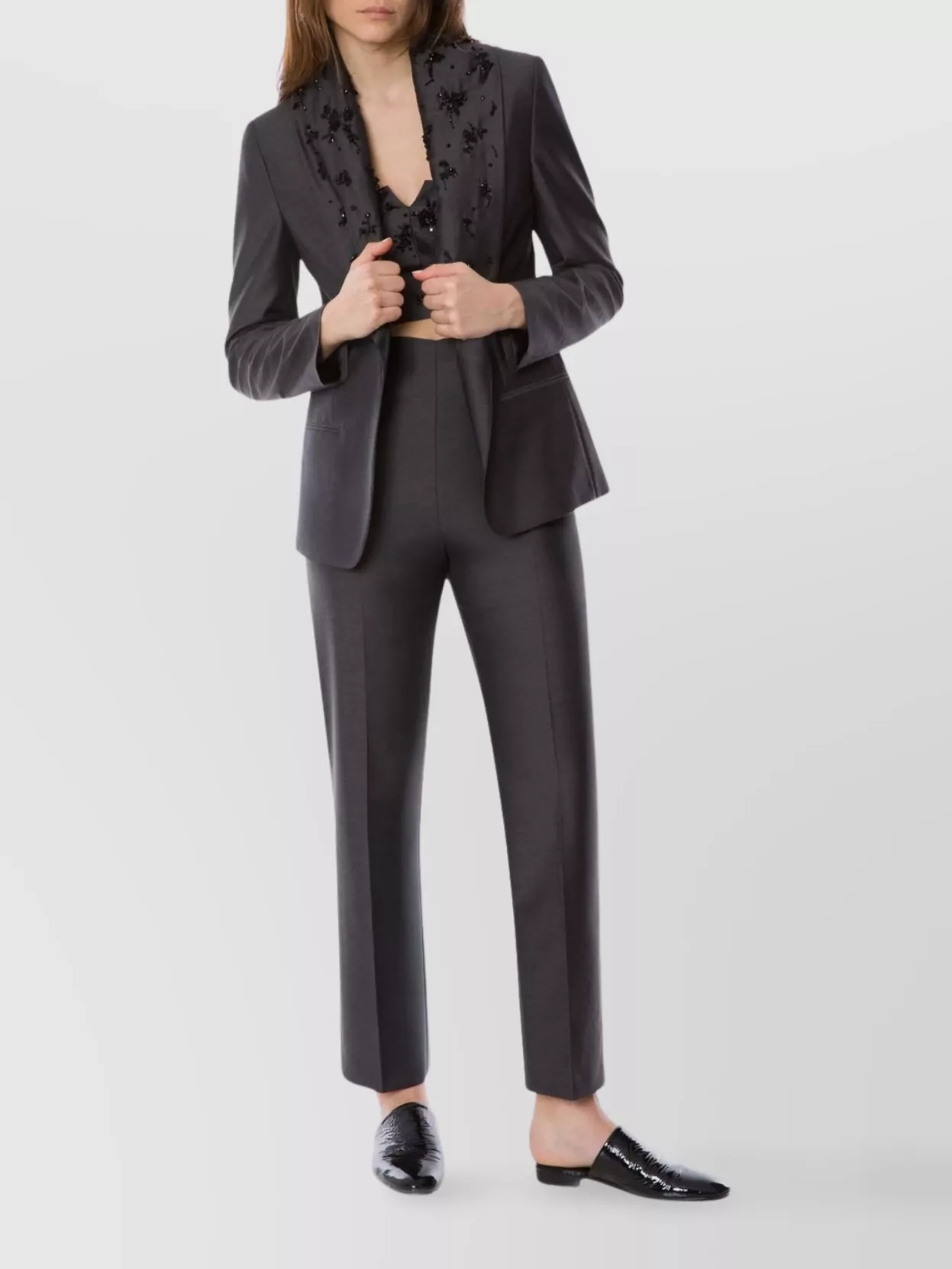 Alberta Ferretti Satin Trousers Embroidered Lapel In Black