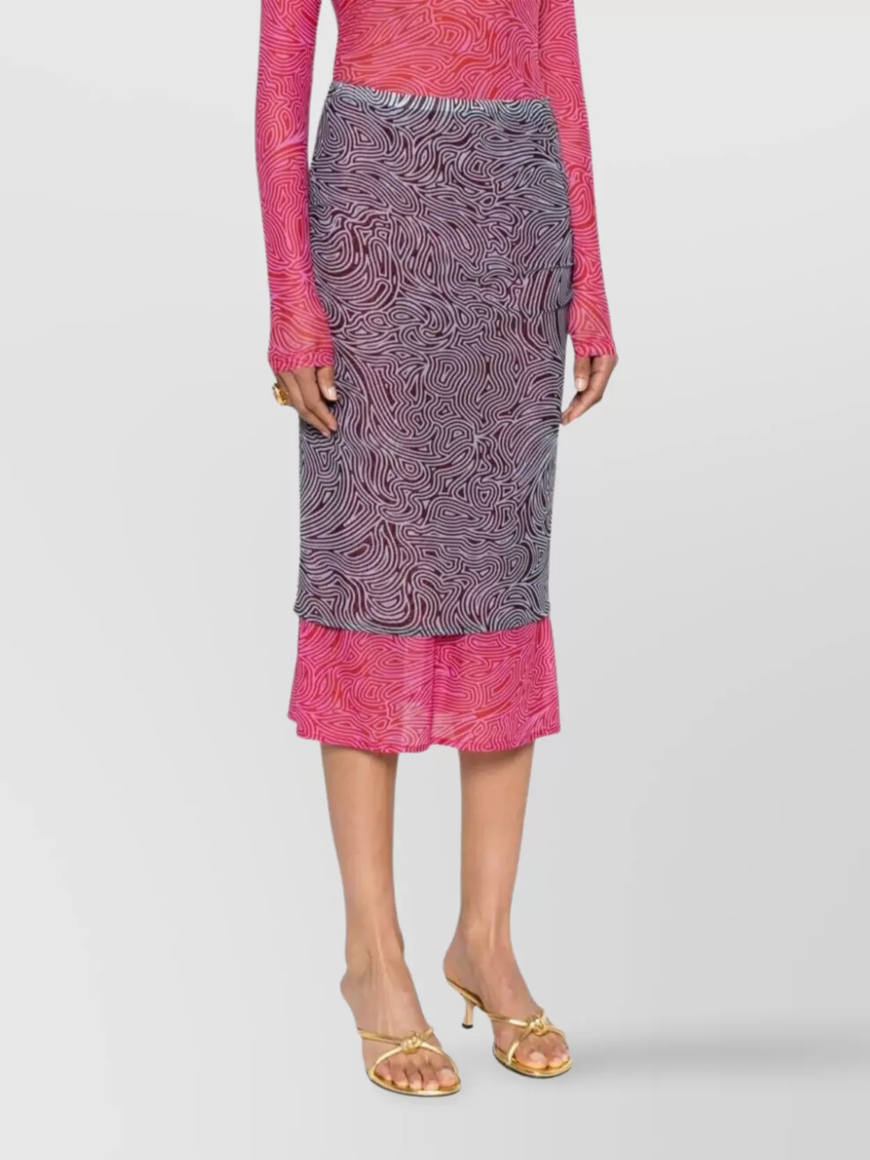 Dries Van Noten Abstract Layered Midi Skirt Turtleneck