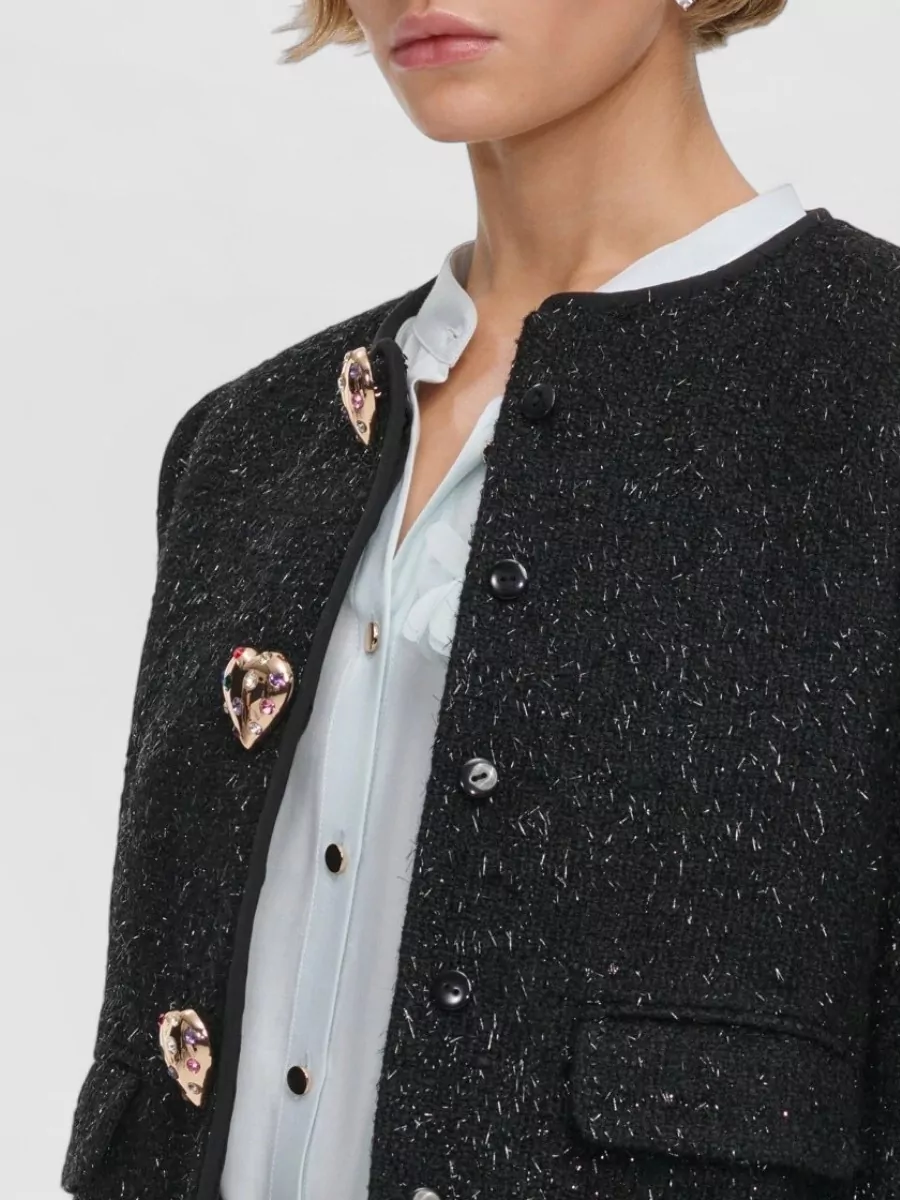 Self-Portrait Metallic Bouclé Cropped Faux Fur Cuff Jacket