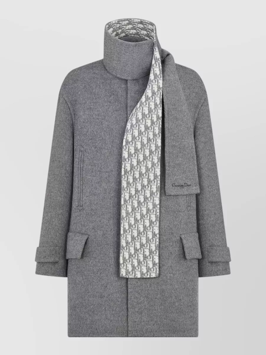 Christian Dior High Collar Coat Buttoned Cuffs Scarf Detail
