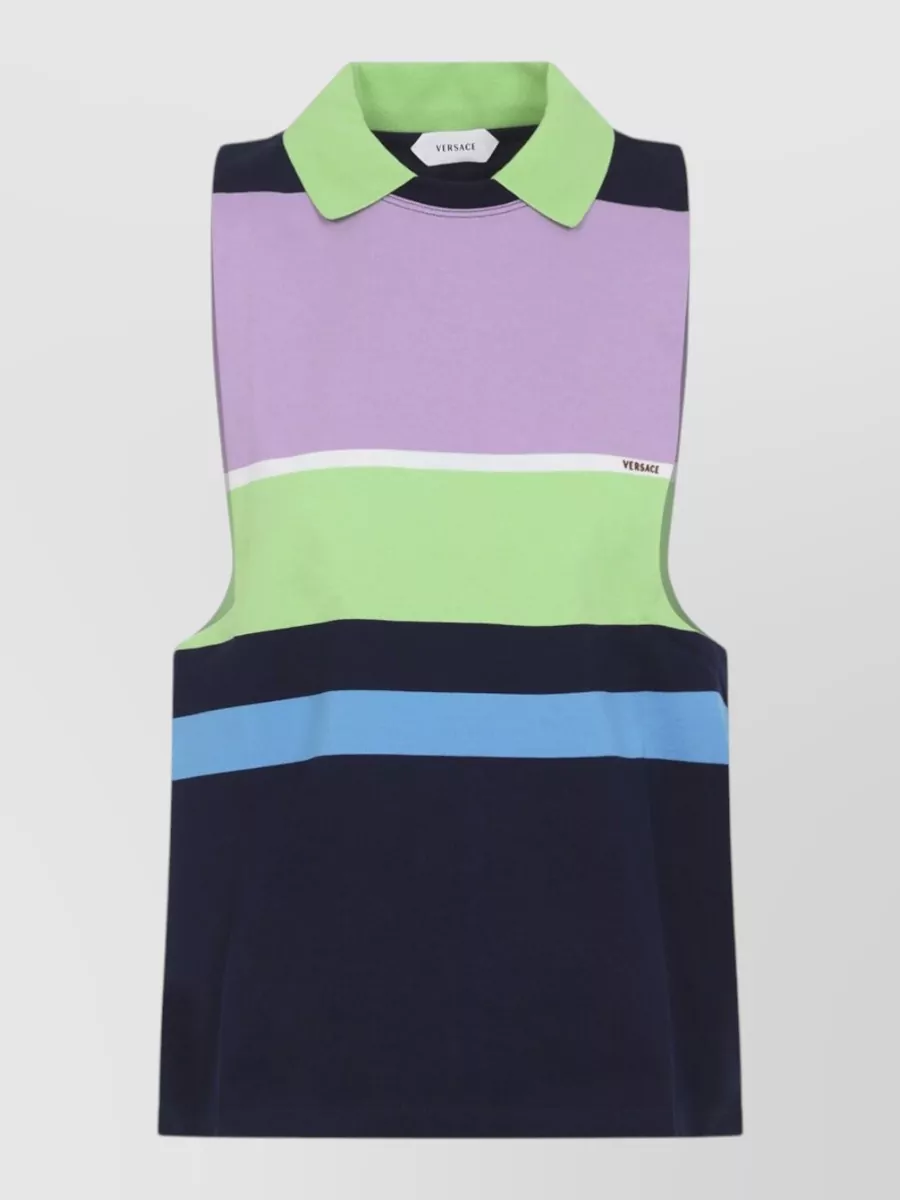 Versace Striped Sleeveless Cotton Polo Top