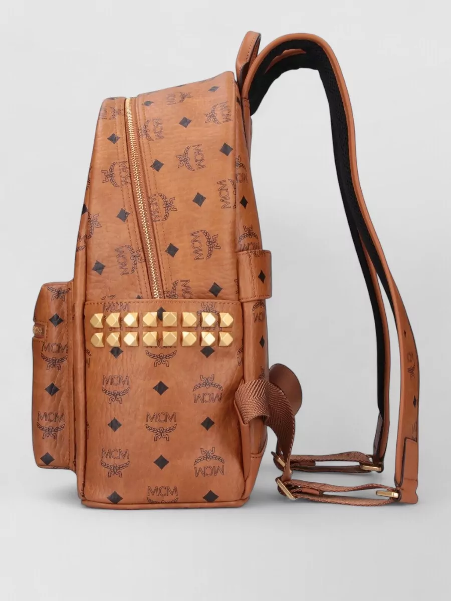 Mcm Backpack Studded Front Zip Pocket Adjustable Straps