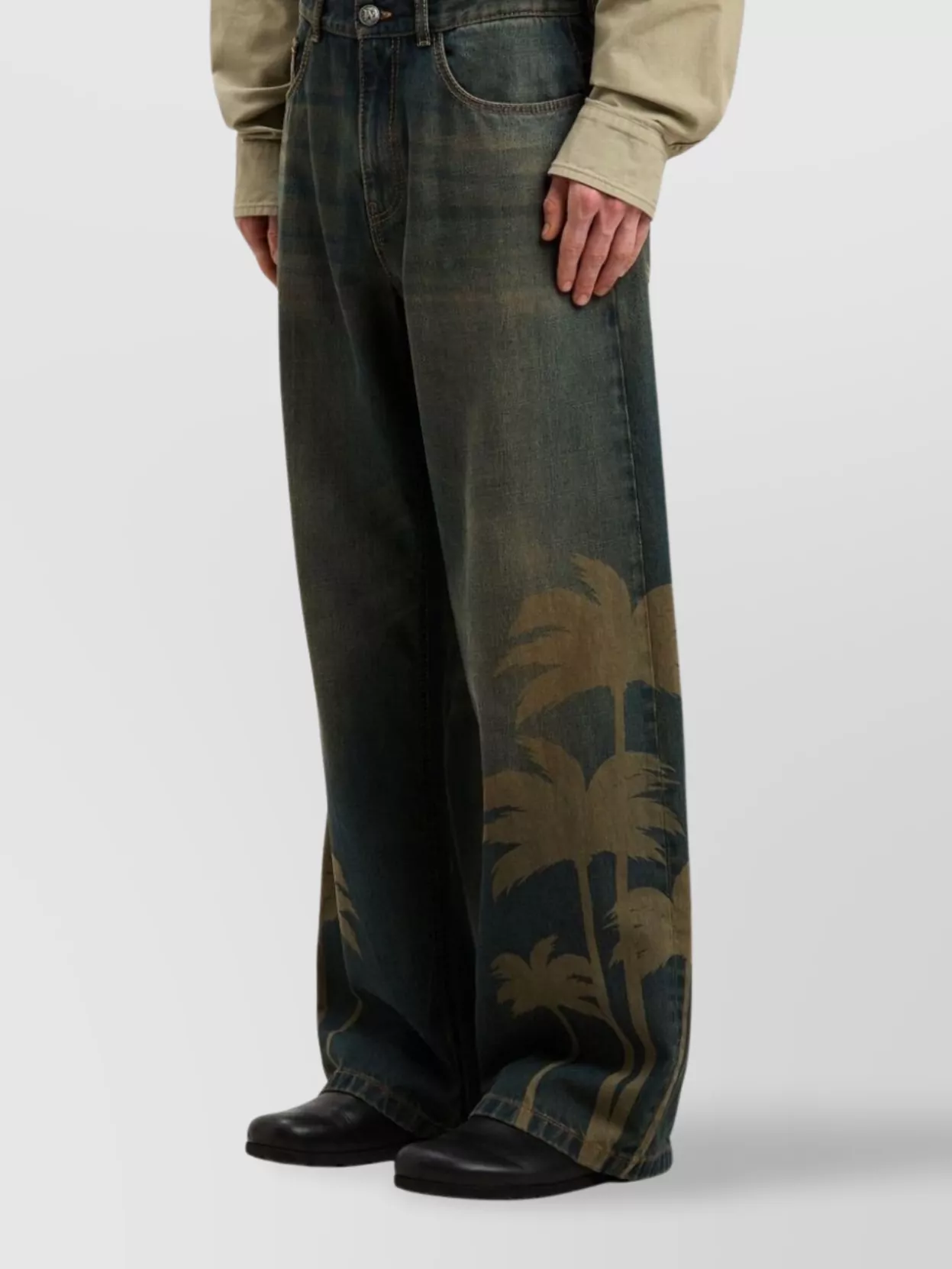 Palm Angels Loose Denim Pants With Palm Tree Print
