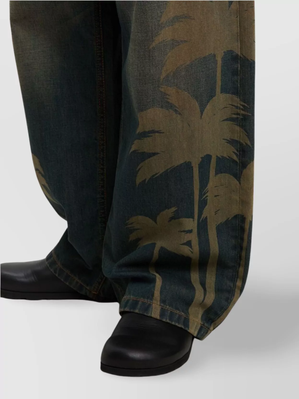 Palm Angels Loose Denim Pants With Palm Tree Print