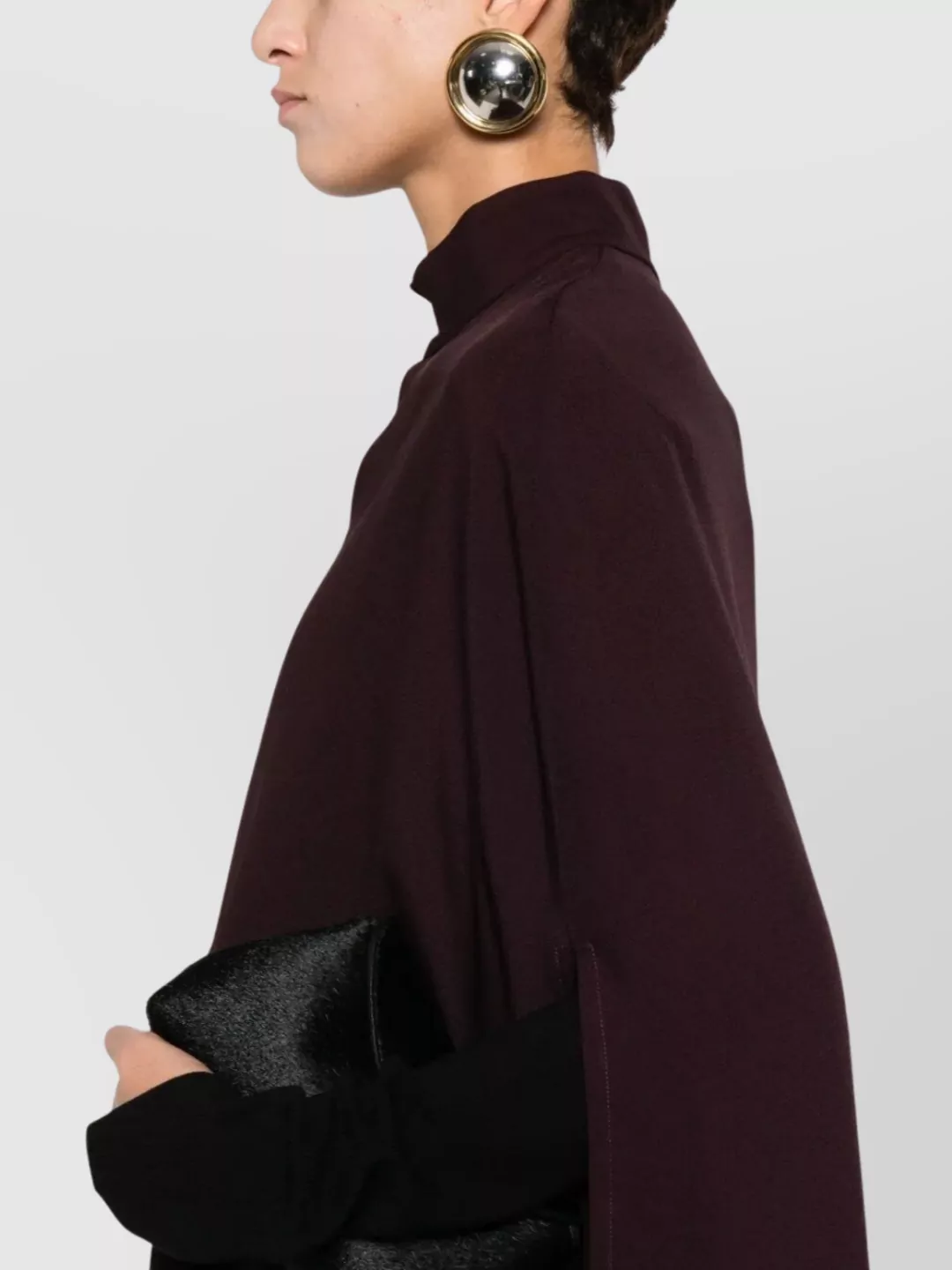 Raquel Diniz Draped High Neck Cape With Front Slit In Burgundy