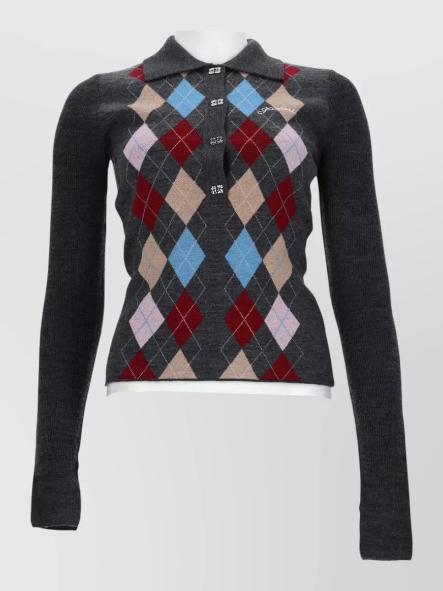 Ganni wool ribbed polo cardigan