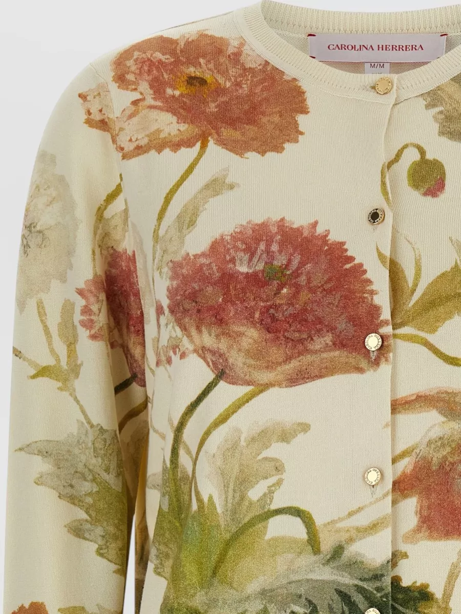 Carolina Herrera Cardigan Long Sleeves Floral Pattern Ribbed Cuffs