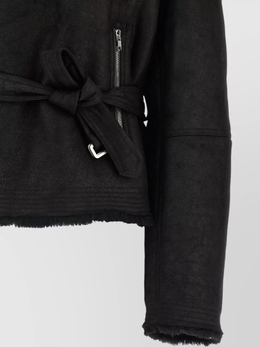 Rick Owens Shearling Cropped Belted Funnel-Neck Jacket