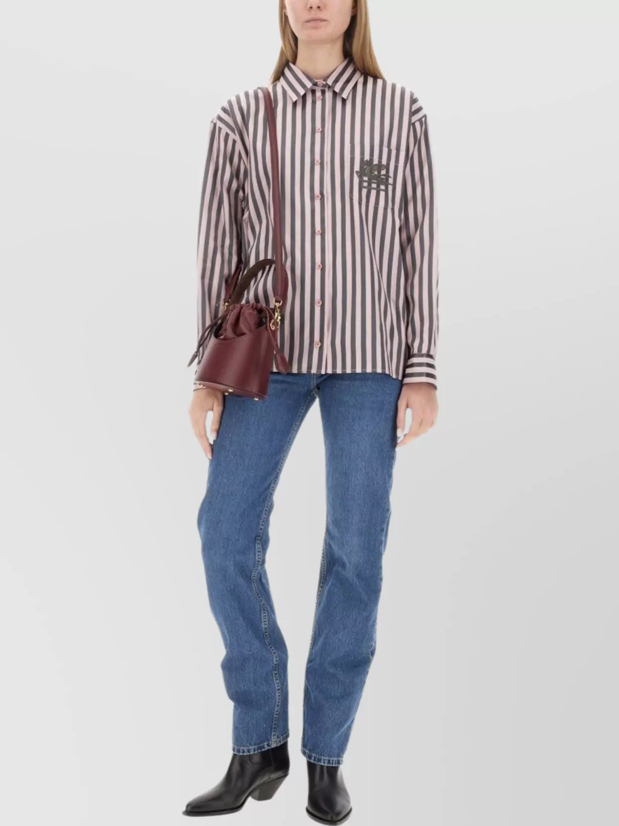 Etro Boyfriend Awning Striped Shirt With Logo Embroidery In Pink