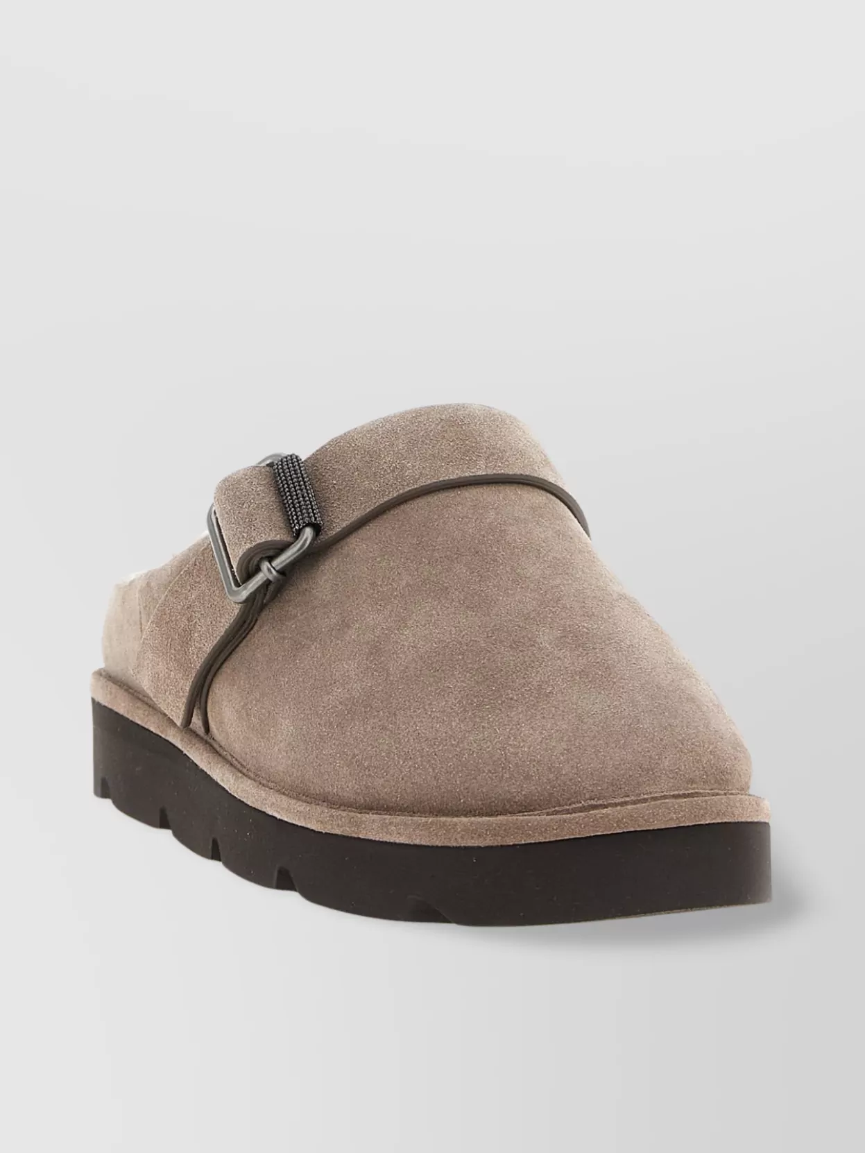 Brunello Cucinelli Round Toe Flat Sole Sandals With Faux Fur Lining And Buckle Detail