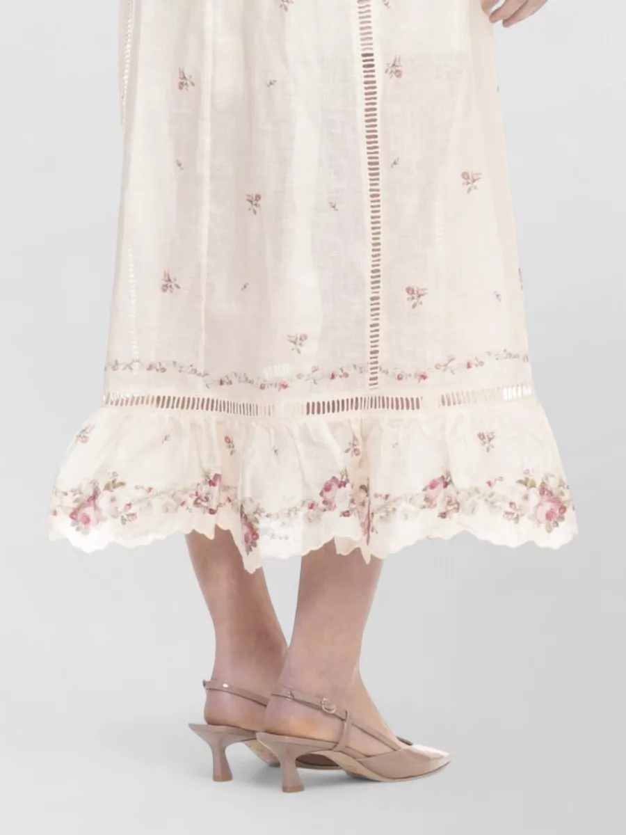 Zimmermann Linen Embroidered Floral-Print Plunging V-Neck Long-Sleeve Midi Dress