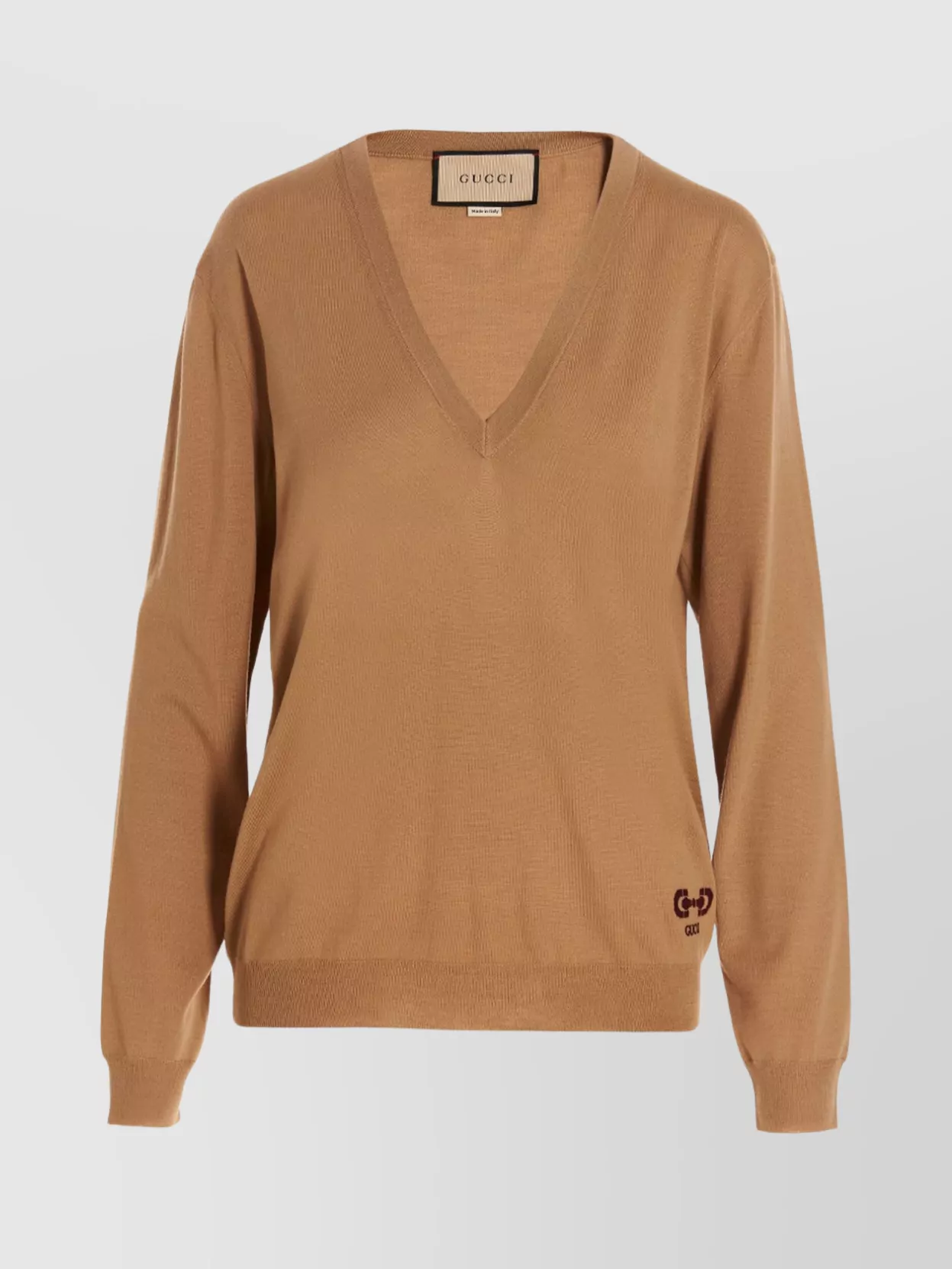 Gucci Logo V-neckline Knitwear Sweater With Long Sleeves In Brown