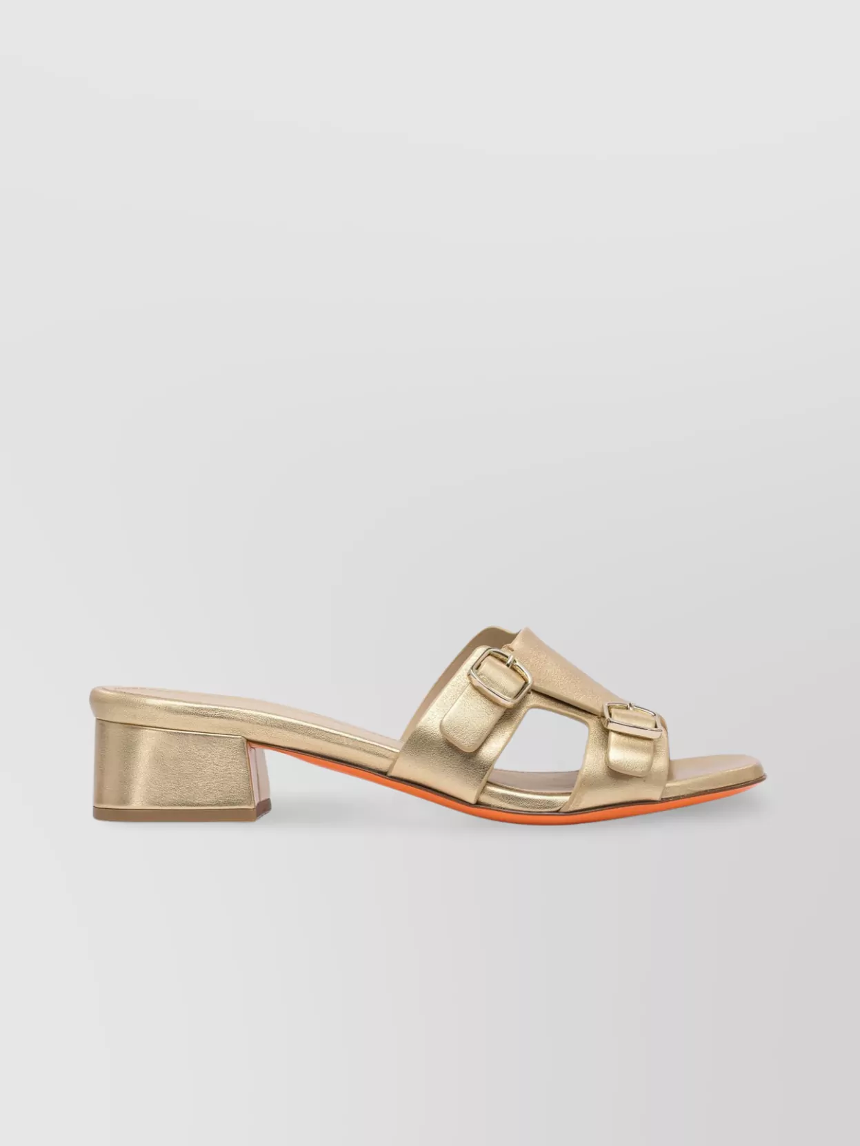 Shop Santoni Metallic Block Heel Sandals With Buckle Detail