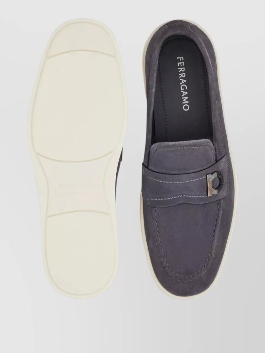 Ferragamo Suede Leather Loafers Round Toe Rubber Sole