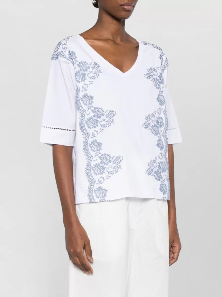Ermanno Firenze Cotton Floral-Print Pointelle V-Neck Short-Sleeve Blouse