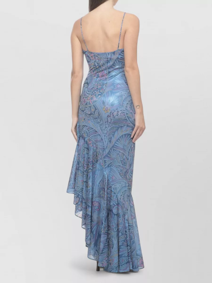 Etro Paisley-Print V-Neck Sleeveless Asymmetric Ruffled Midi Dress