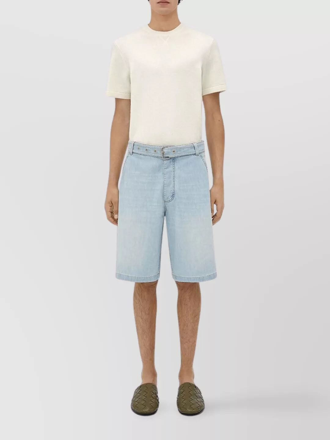 Shop Bottega Veneta Knee Length Bleached Denim Shorts With Five Pockets In Blue
