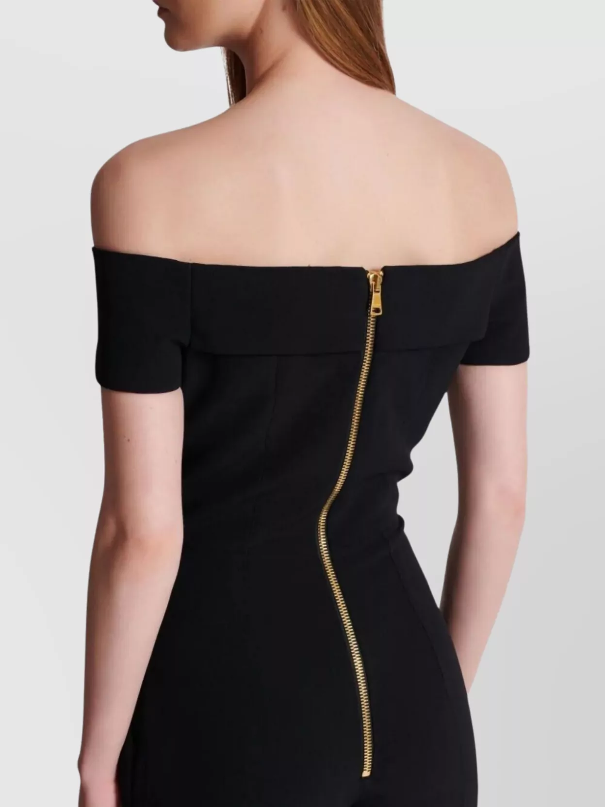 Balmain Flare Crepe Jumpsuit Off-Shoulders