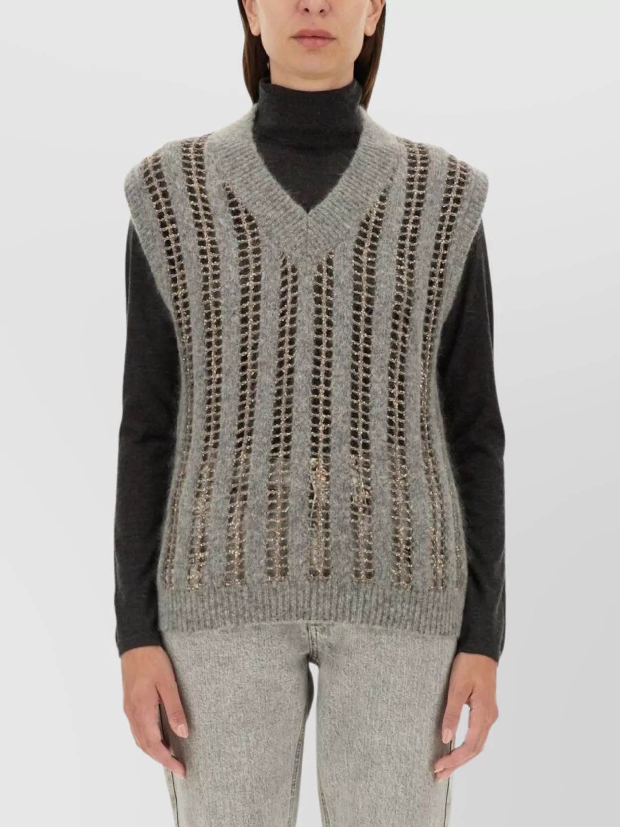 Brunello Cucinelli Knit V-Neck Sleeveless Striped Top