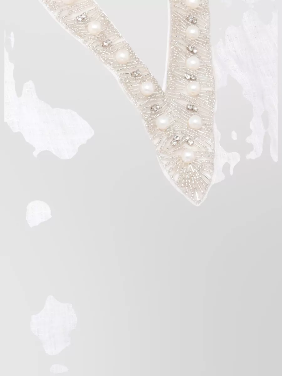 120% Lino Linen V-Neck Embellished Long-Sleeve Asymmetric Blouse